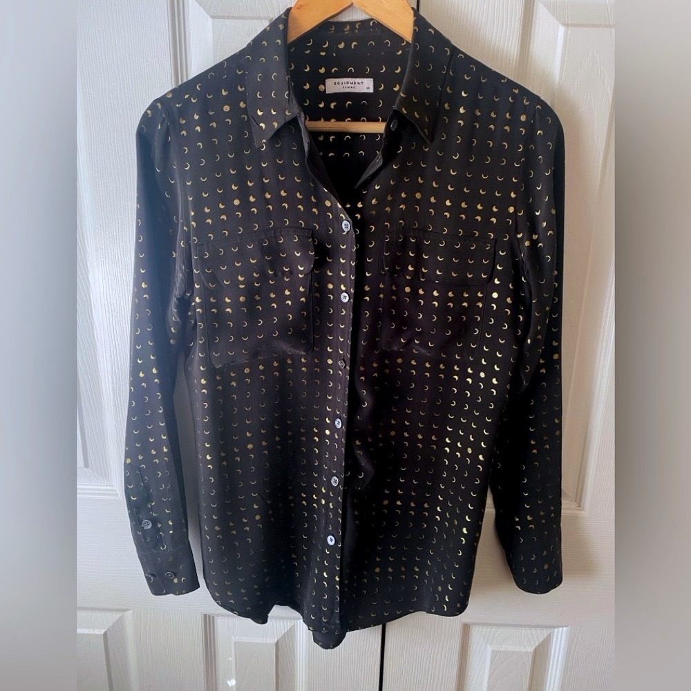 EQUIPMENT FEMME Black‎ 100% Silk Gold Foil Moon Phases Button Up Top XS